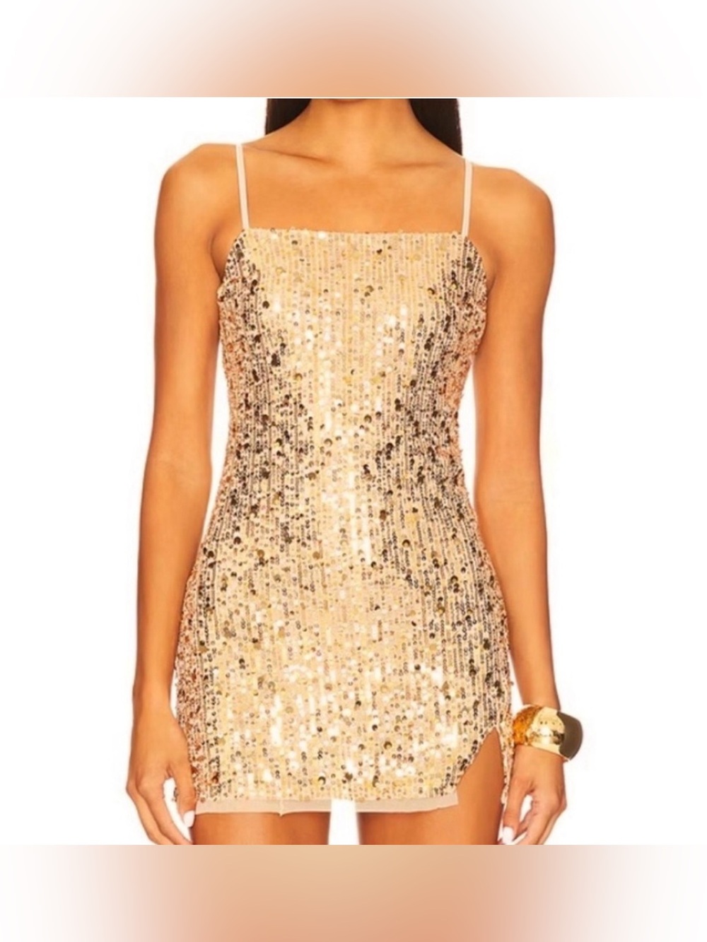 NWT Intimately Free People Sz M Gold Sequin Bodycon Mini Dress Spaghetti Strap